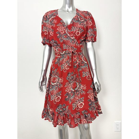Denim & Supply Ralph Lauren Dress Womens Large Red Floral Wrap Peasant Boho - Picture 1 of 9